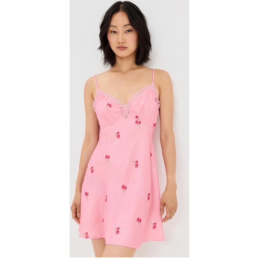 Love Shack Fancy XL Larinda Dress Cherry Pink Floral Print Satin Lace Slip NWT